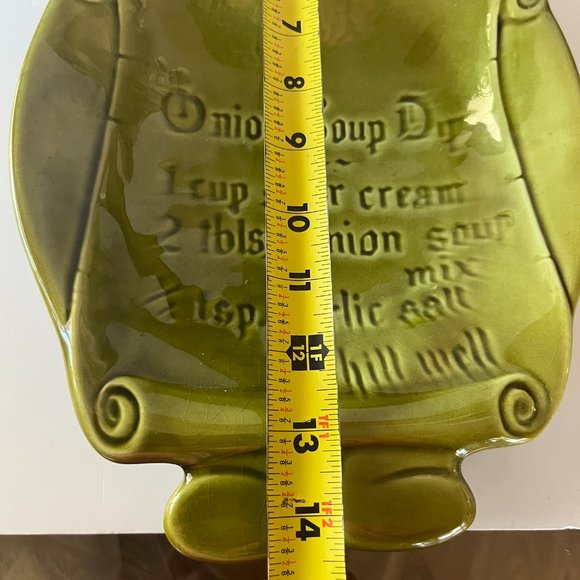 California Pottery Onion Soup Chip Dip Recipe Avocado green Tray Glaze MCM - Picture 13 of 16